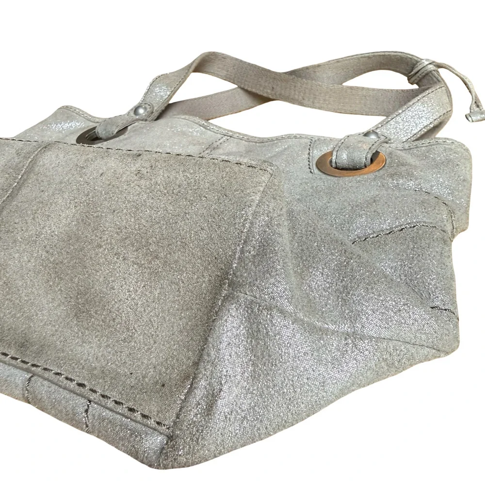 Fossil Metallic Suede Leather Double Handle Shoulder Bag Tote Purse 13x11x4